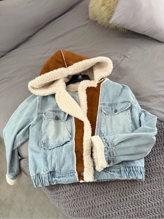 Free People Jackets & Blazers - Free People Light Blue Denim Jacket with Brown Sherpa Hood